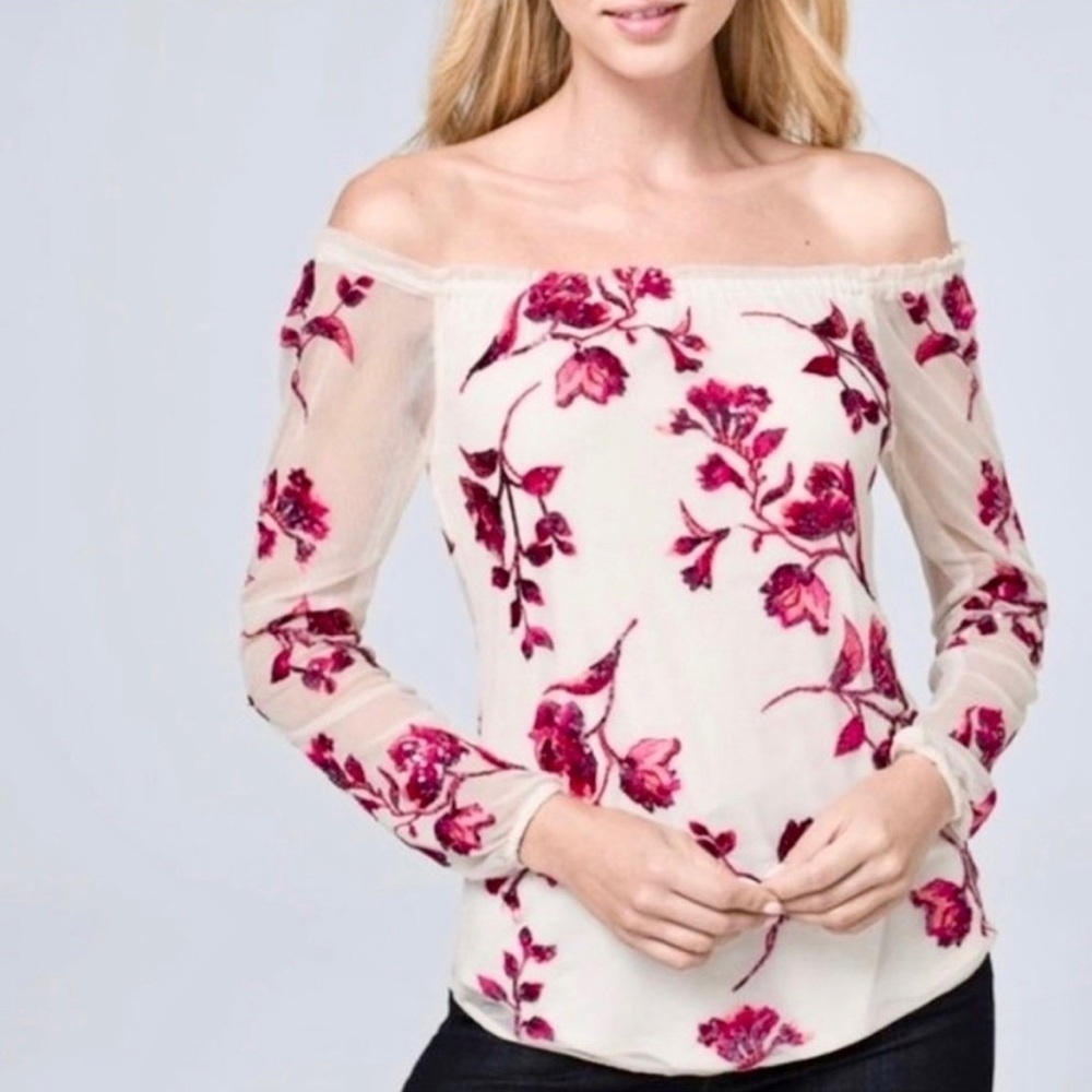 White House Black Market Floral Off-Shoulder Blouse - Cream and Pink